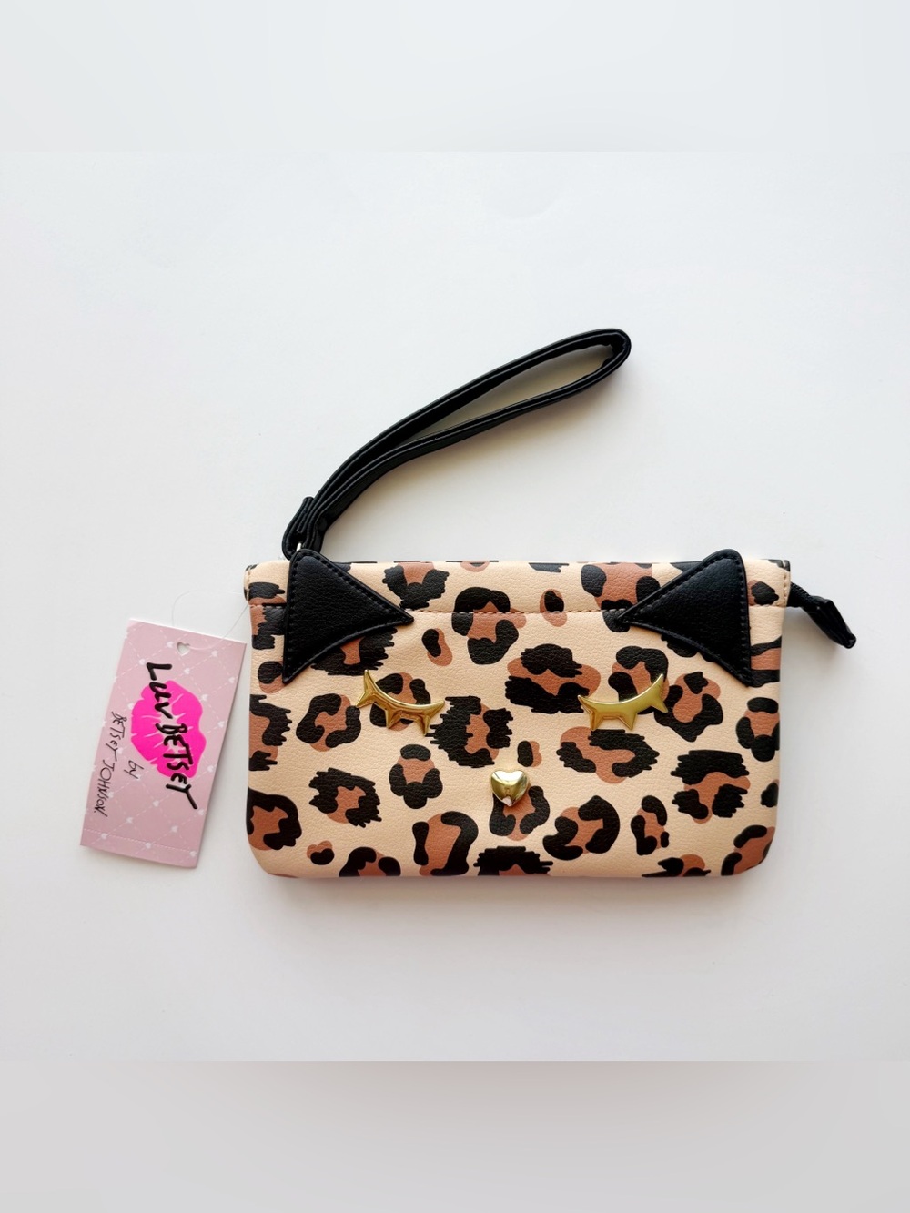 Betsey Johnson Leopard Print Wristlet Pouch Purse Tan Black Cat